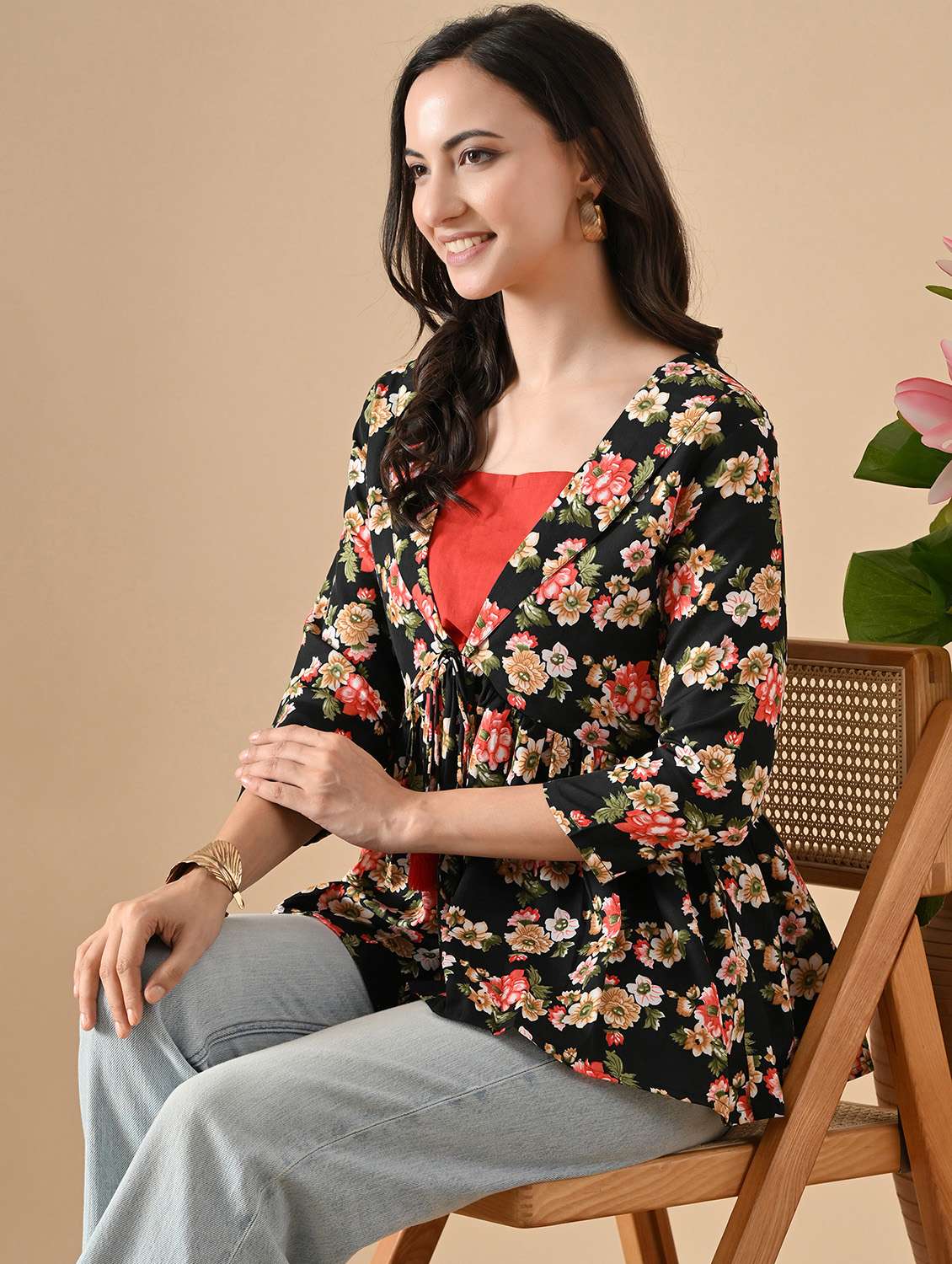 women floral print three quarter sleeve flared top - 22088693 - Standard Image - 1