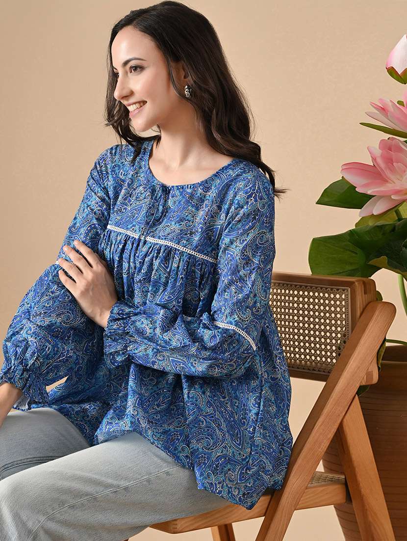 women printed tie-up neck long sleeve flared kurti - 22088745 - Standard Image - 1