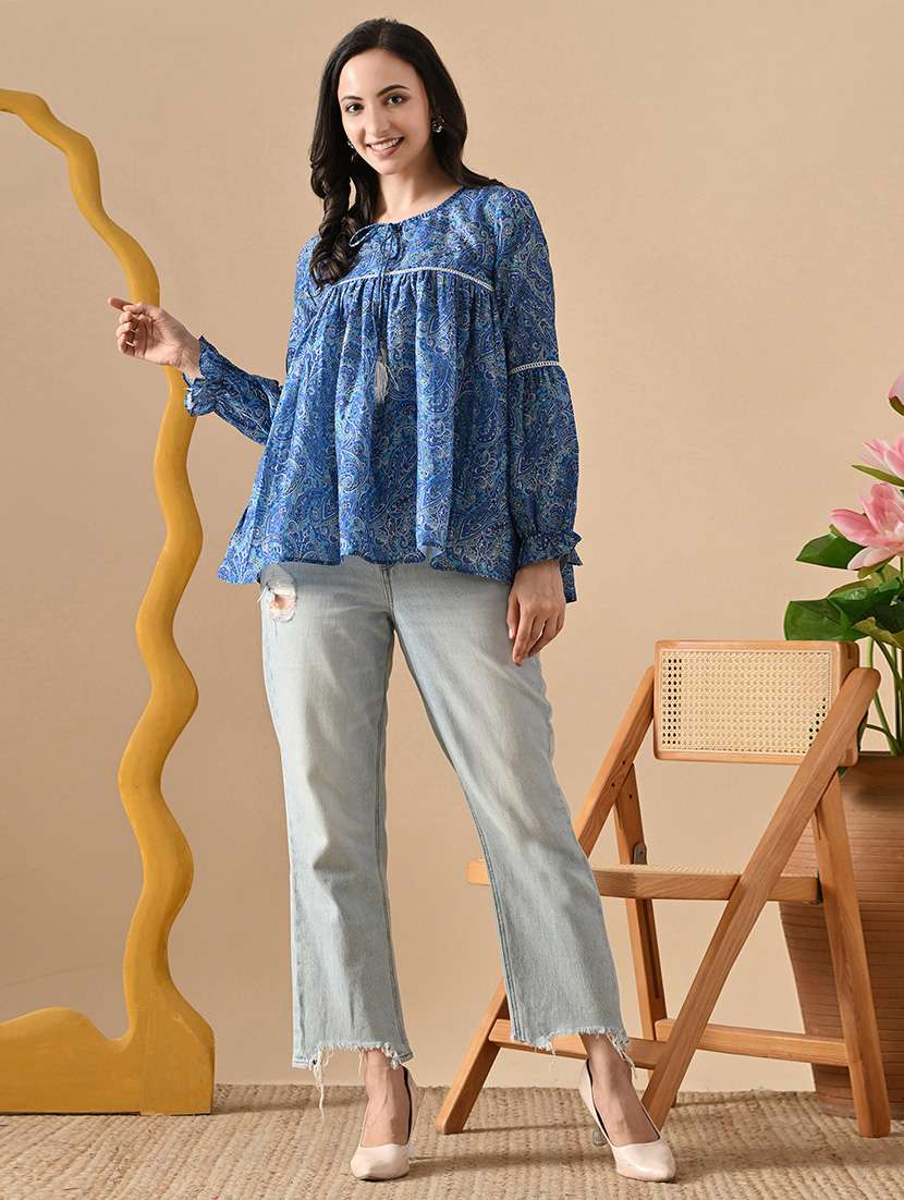 women printed tie-up neck long sleeve flared kurti - 22088745 - Standard Image - 4