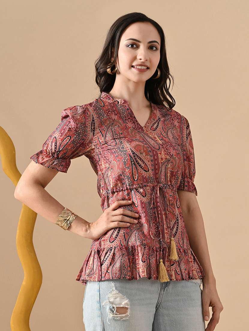 women pringted mandarin neck puff sleeve tiered top - 22088746 - Standard Image - 1