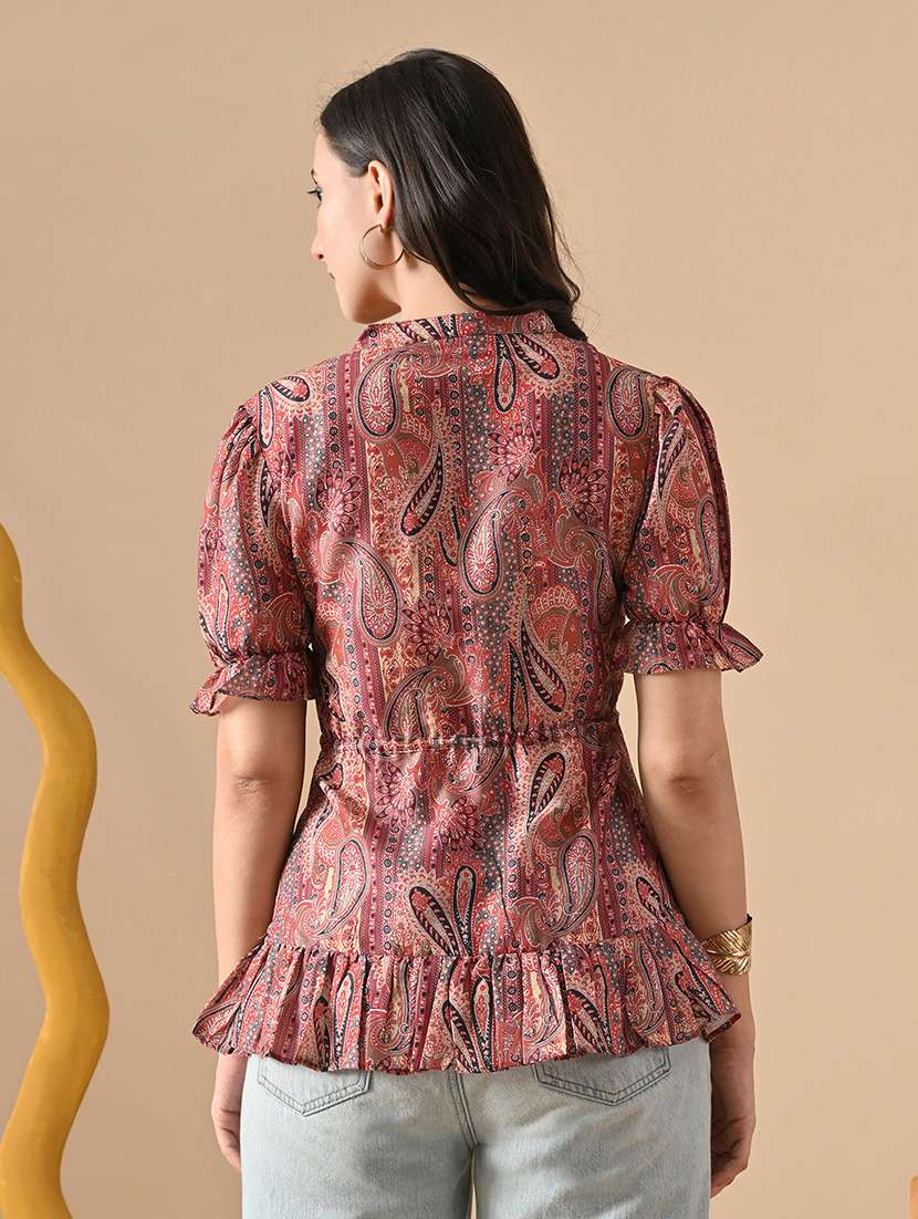 women pringted mandarin neck puff sleeve tiered top - 22088746 - Standard Image - 4