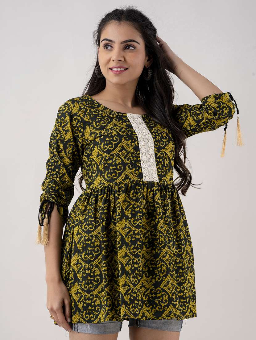 women printed three quarter sleeve flared kurti - 22088748 -  Standard Image - 1