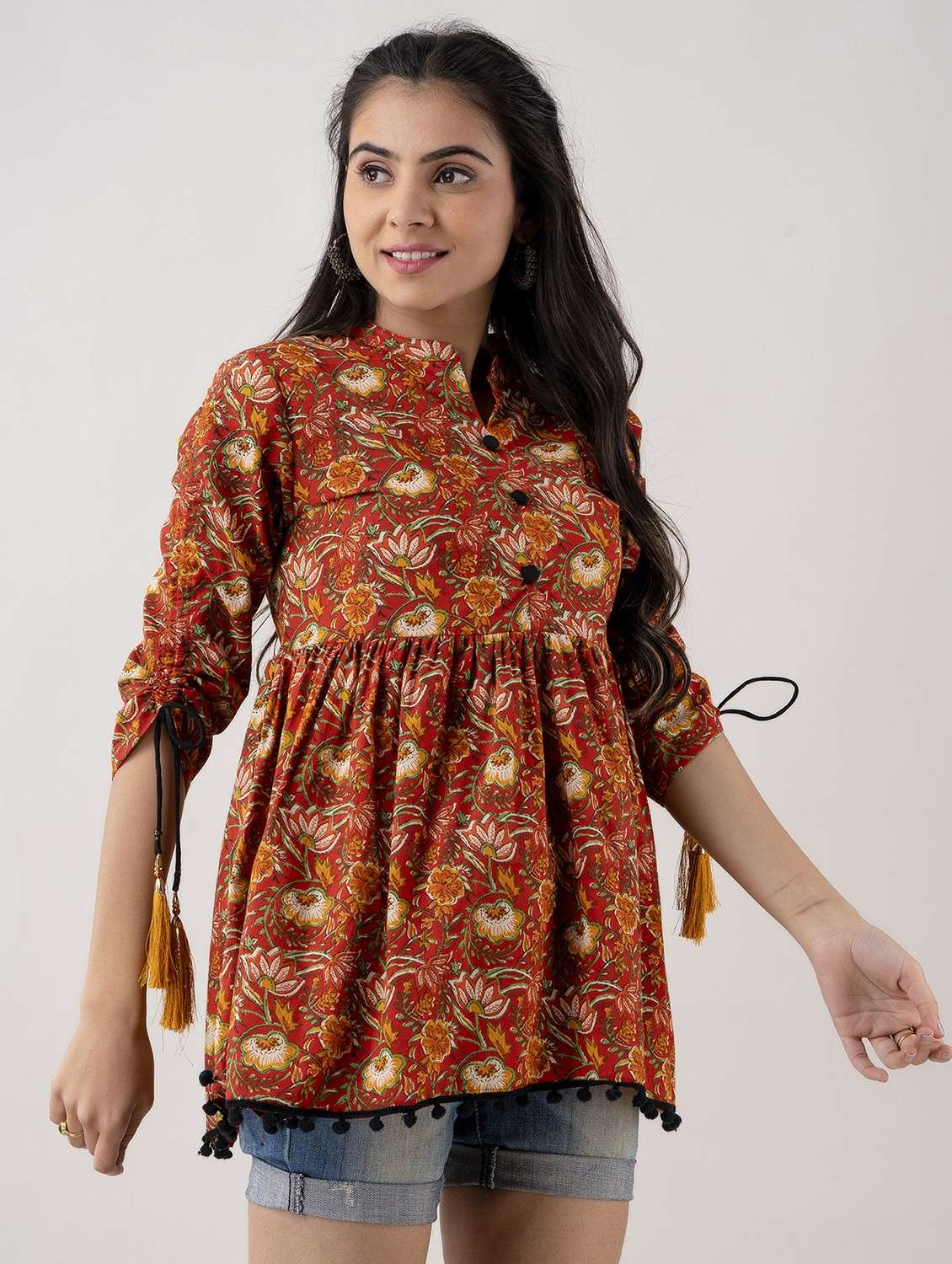 women printed three quarter sleeve flared kurti with tassels - 22088750 -  Standard Image - 1