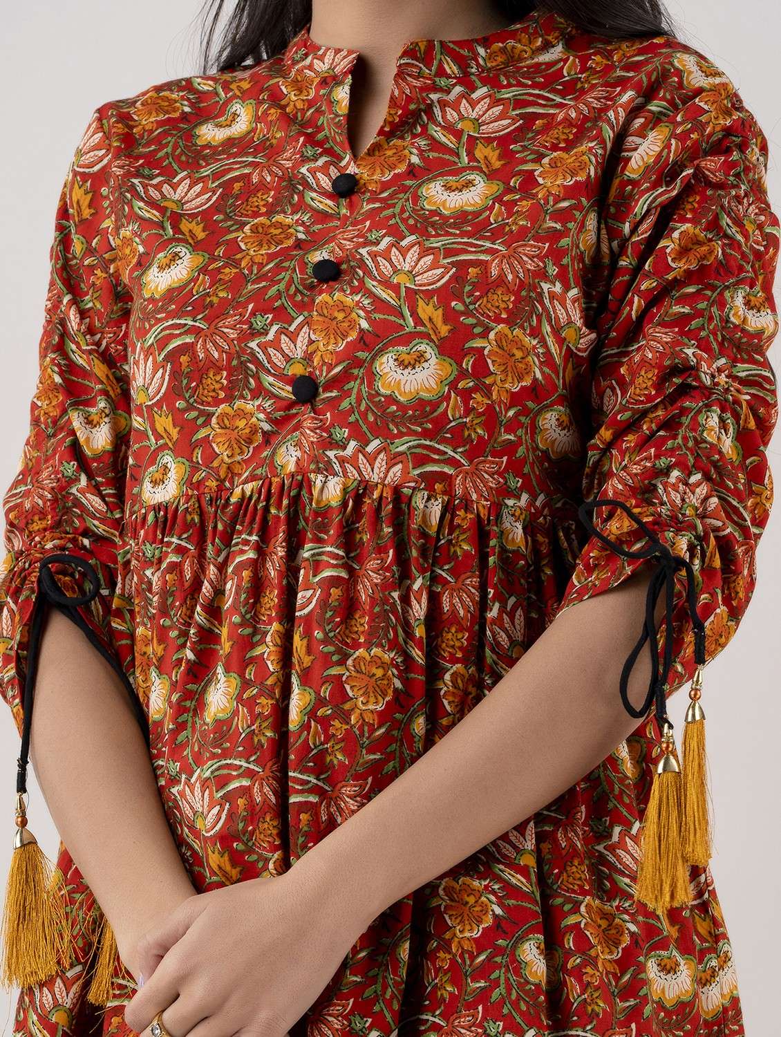 women printed three quarter sleeve flared kurti with tassels - 22088750 -  Standard Image - 4