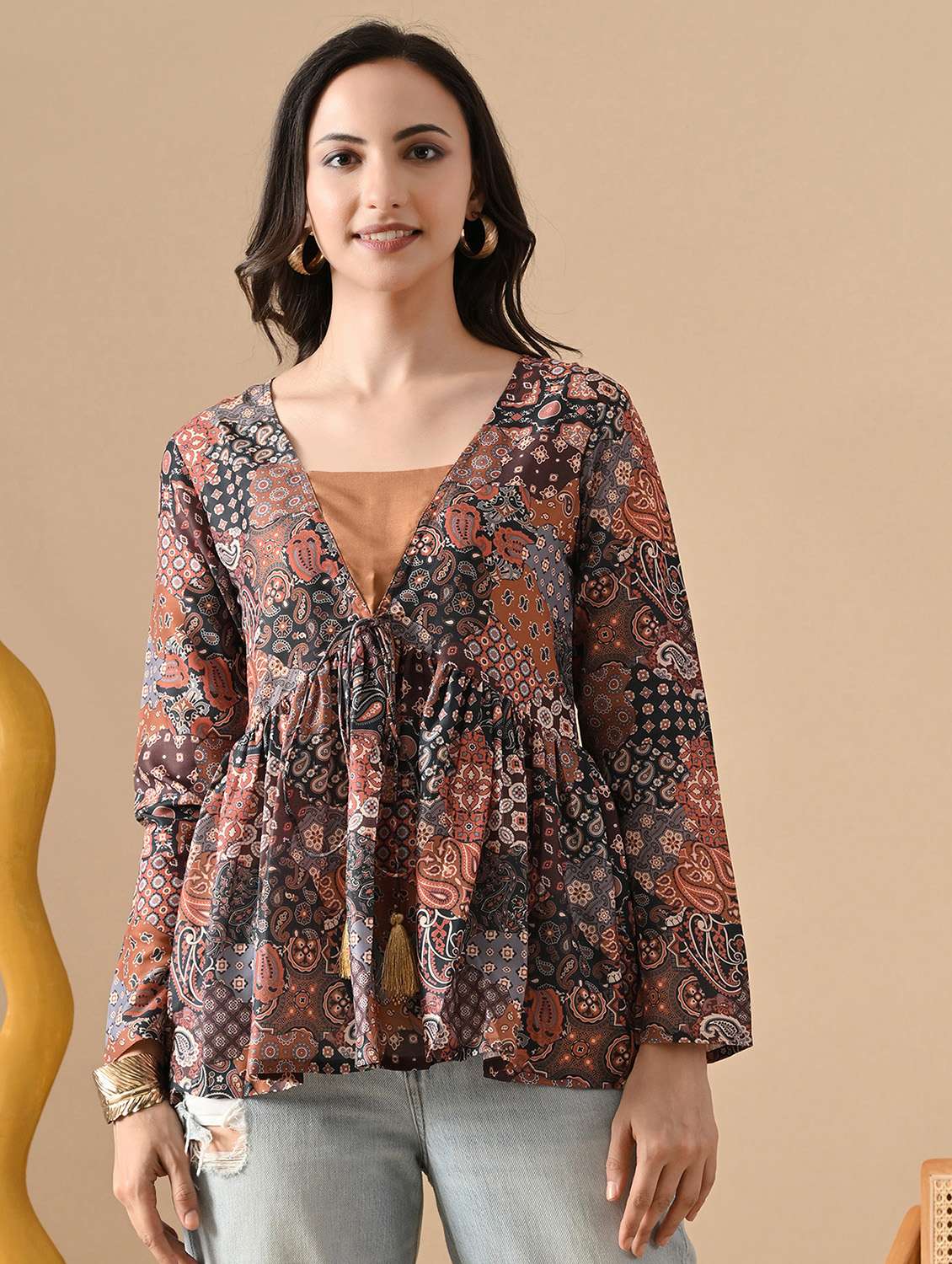 women printed long sleeve flared top - 22088751 -  Standard Image - 1