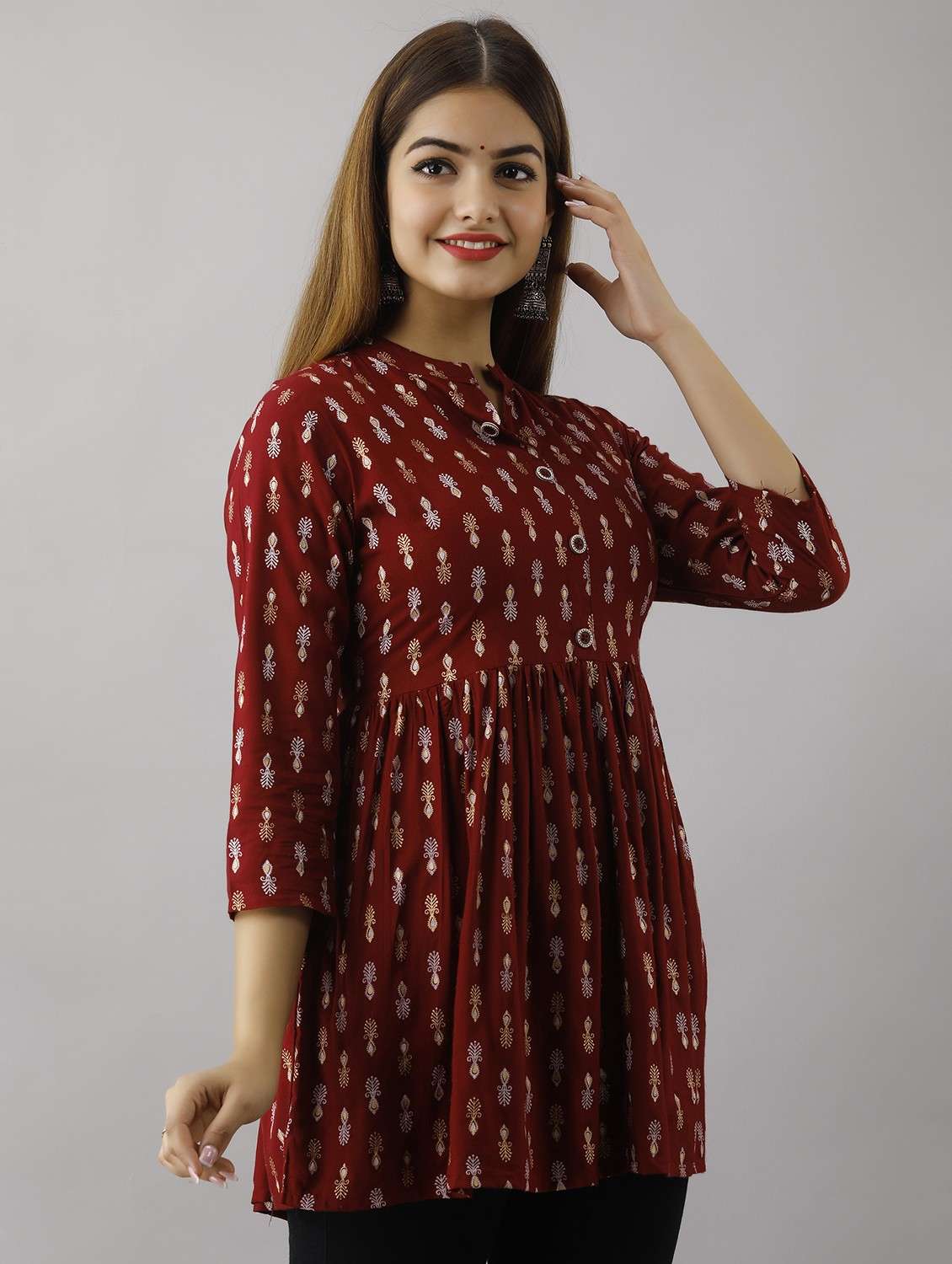 women printed three quarter sleeve flared kurti - 22088752 -  Standard Image - 1