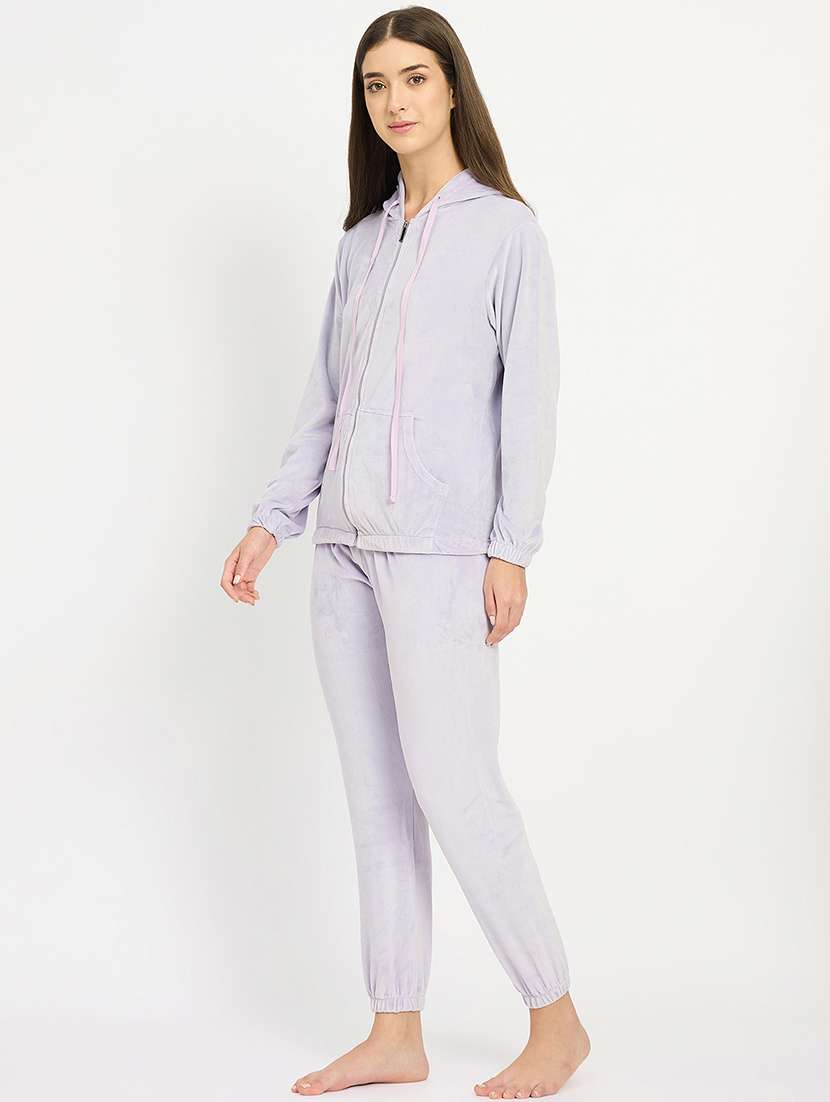 women solid hooded velvet nightwear pyjama set - 22088753 -  Standard Image - 1