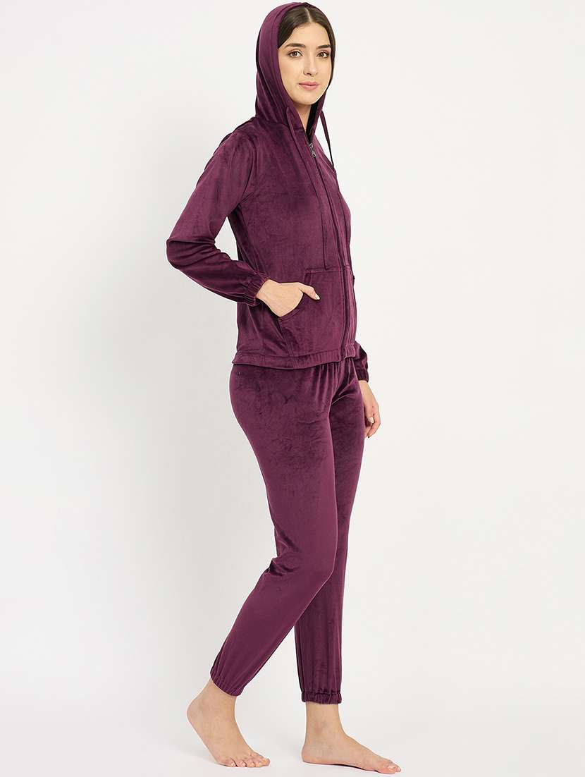 women solid hooded velvet nightwear pyjama set - 22088754 -  Standard Image - 1