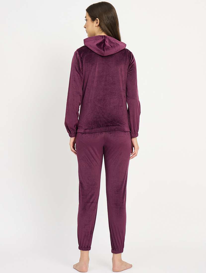 women solid hooded velvet nightwear pyjama set - 22088754 -  Standard Image - 4