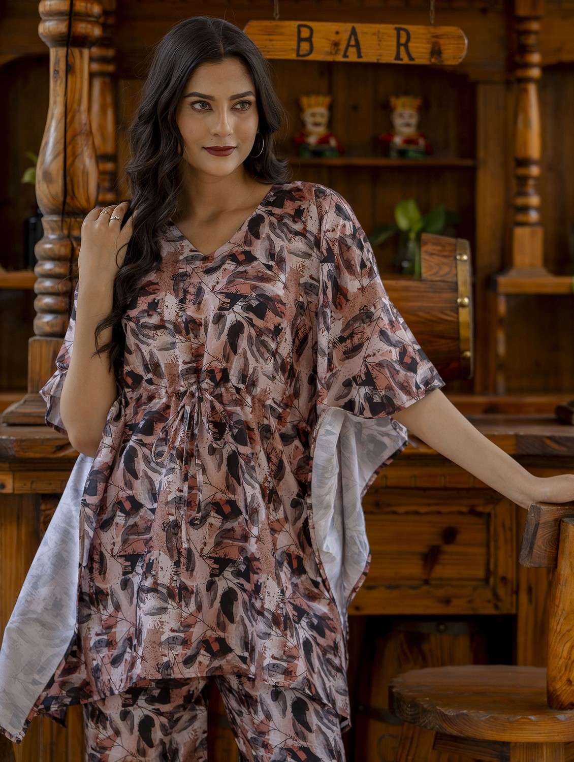 women printed kimono sleeve ethnic co-ord set - 22088767 - Standard Image - 1