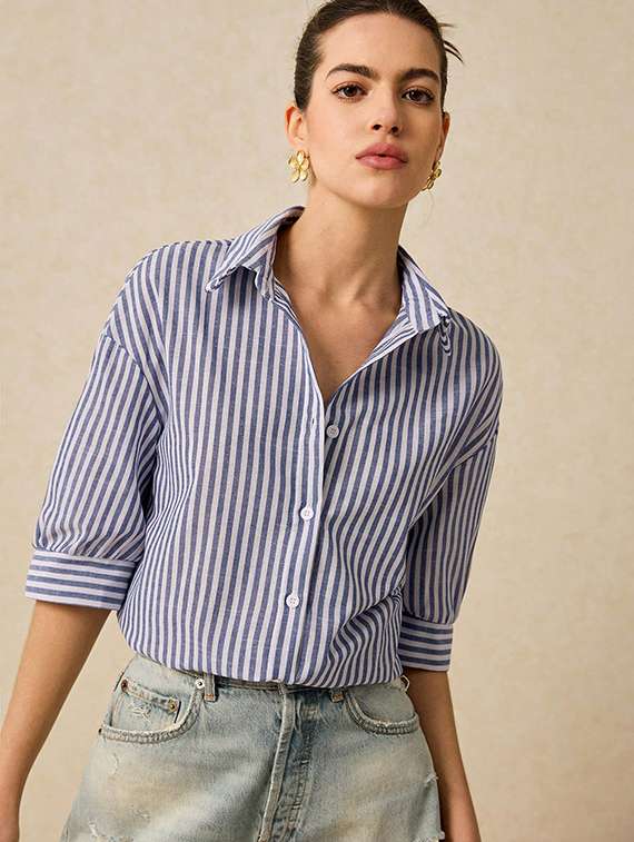 women striped collared long sleeve shirt