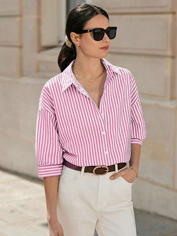 women striped collared long sleeve shirt - 22088881 -  Standard Image - 1