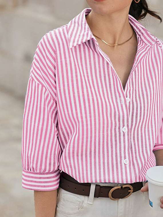 women striped collared long sleeve shirt - 22088881 -  Standard Image - 4