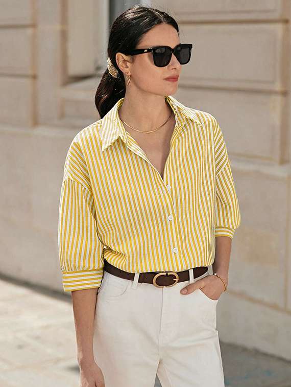women striped collared long sleeve shirt - 22088882 -  Standard Image - 1