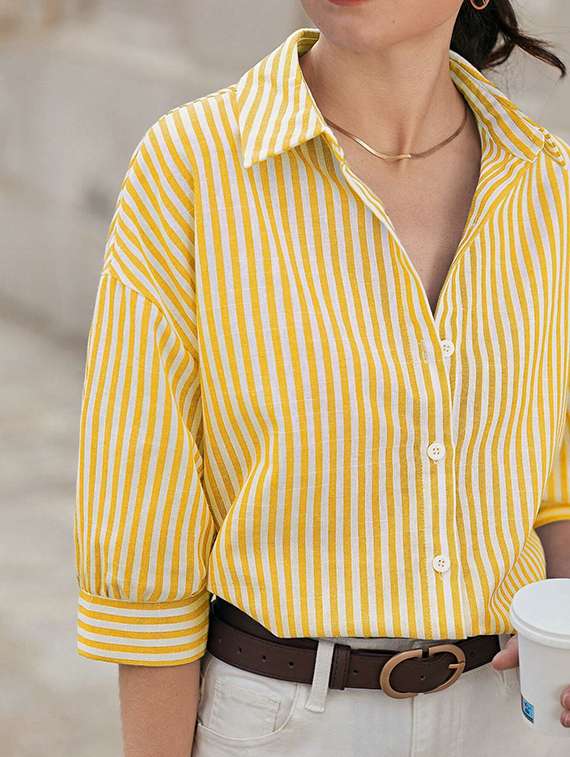 women striped collared long sleeve shirt - 22088882 -  Standard Image - 4