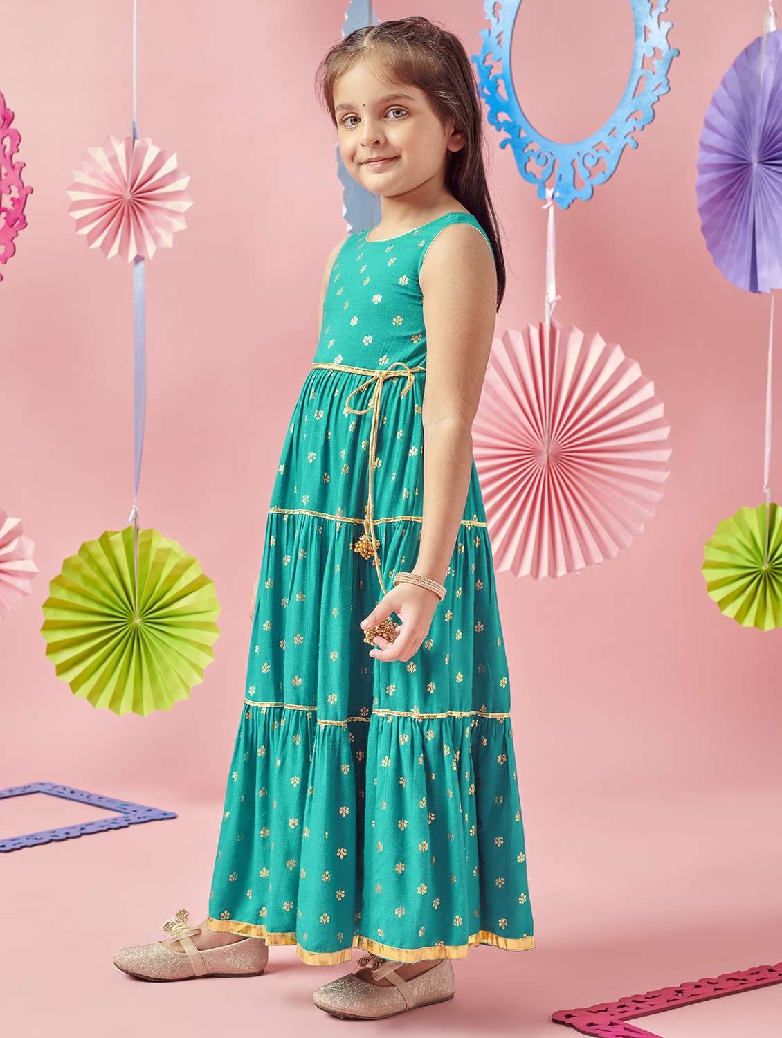 girls foil print sleeveless tiered gown - 22088907 -  Standard Image - 1