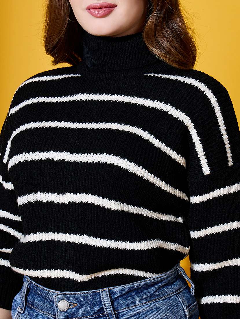 Women Striped High Neck Long Sleeve Pullover