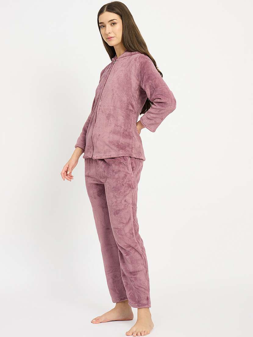 women solid hooded velvet nightwear pyjama set - 22088956 -  Standard Image - 1