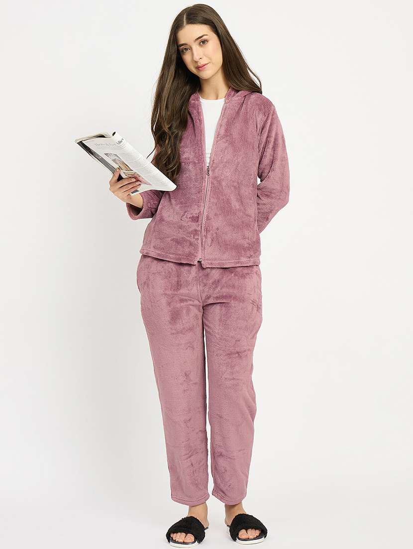 women solid hooded velvet nightwear pyjama set - 22088956 -  Standard Image - 4