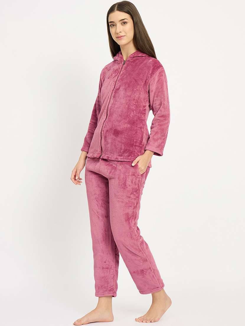 women solid hooded velvet nightwear pyjama set - 22088957 -  Standard Image - 1