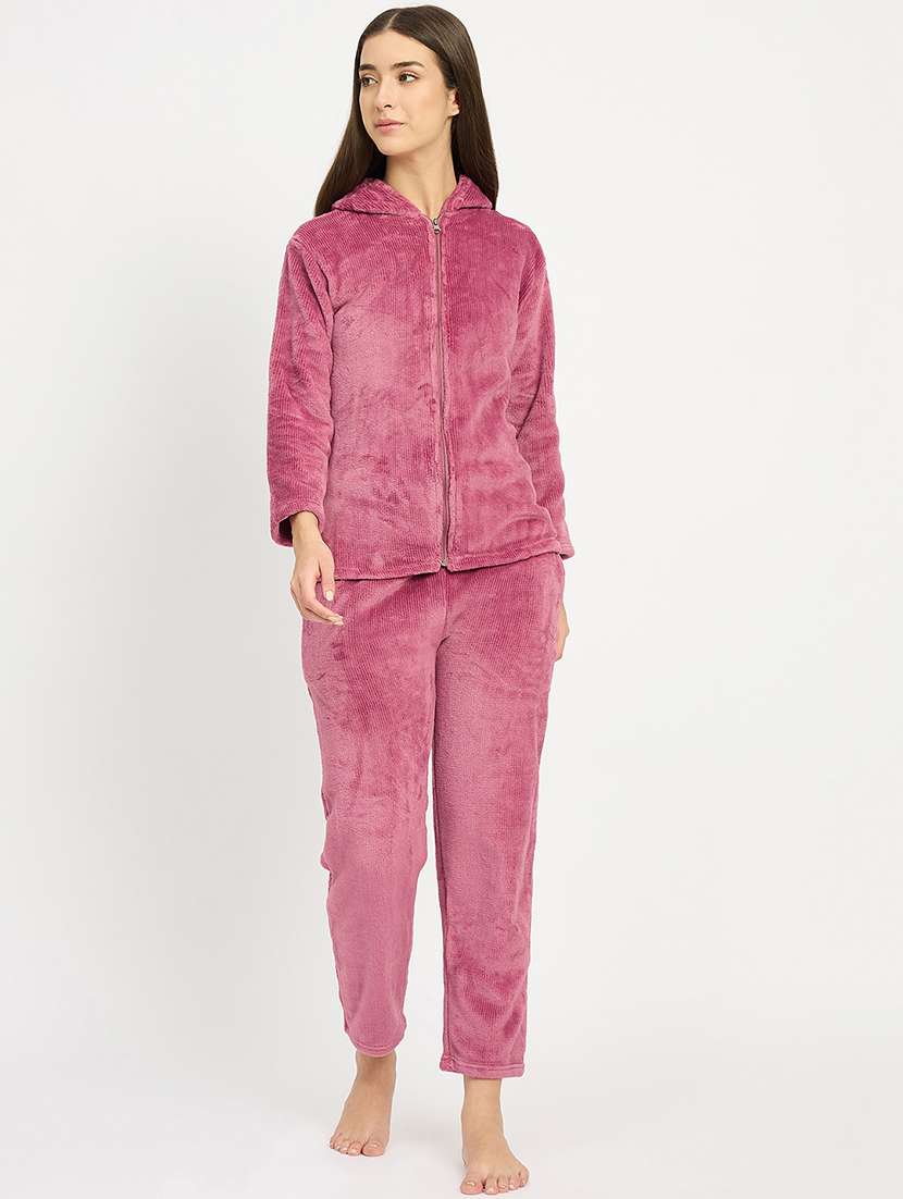 women solid hooded velvet nightwear pyjama set - 22088957 -  Standard Image - 4