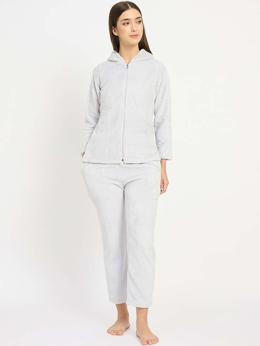 women solid hooded velvet nightwear pyjama set - 22088958 -  Standard Image - 1