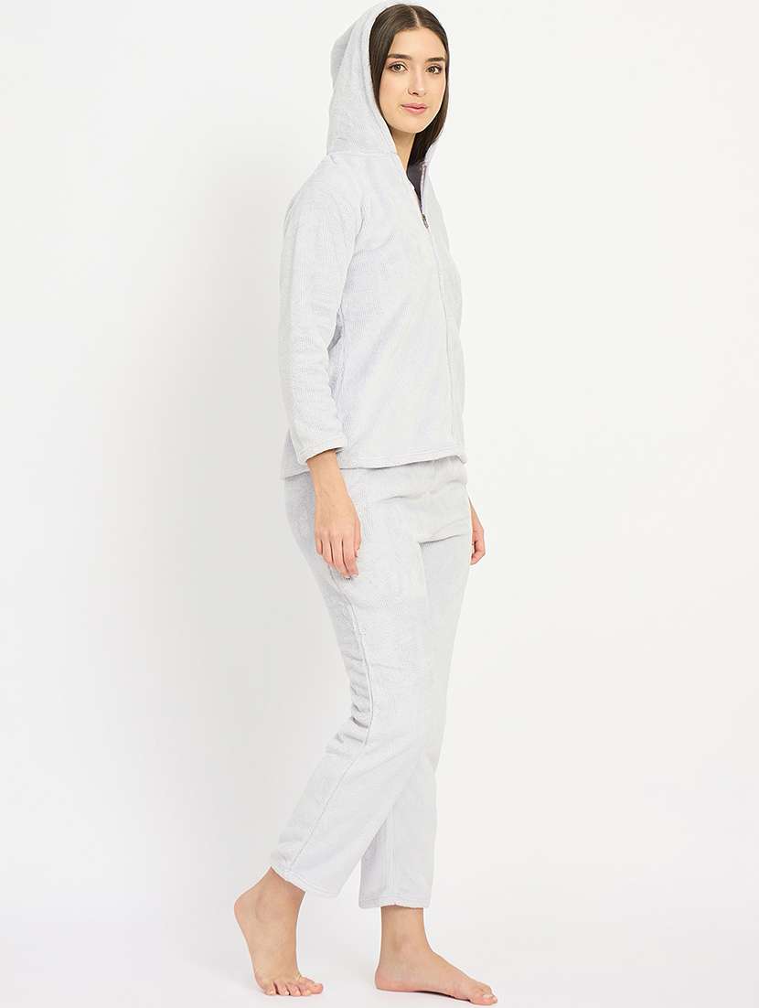 women solid hooded velvet nightwear pyjama set - 22088958 -  Standard Image - 4