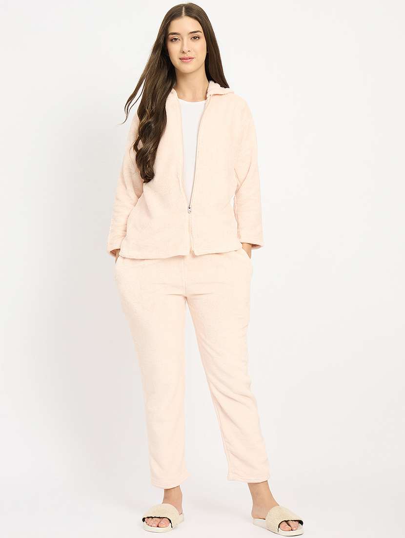 women solid hooded velvet nightwear pyjama set - 22088959 -  Standard Image - 1