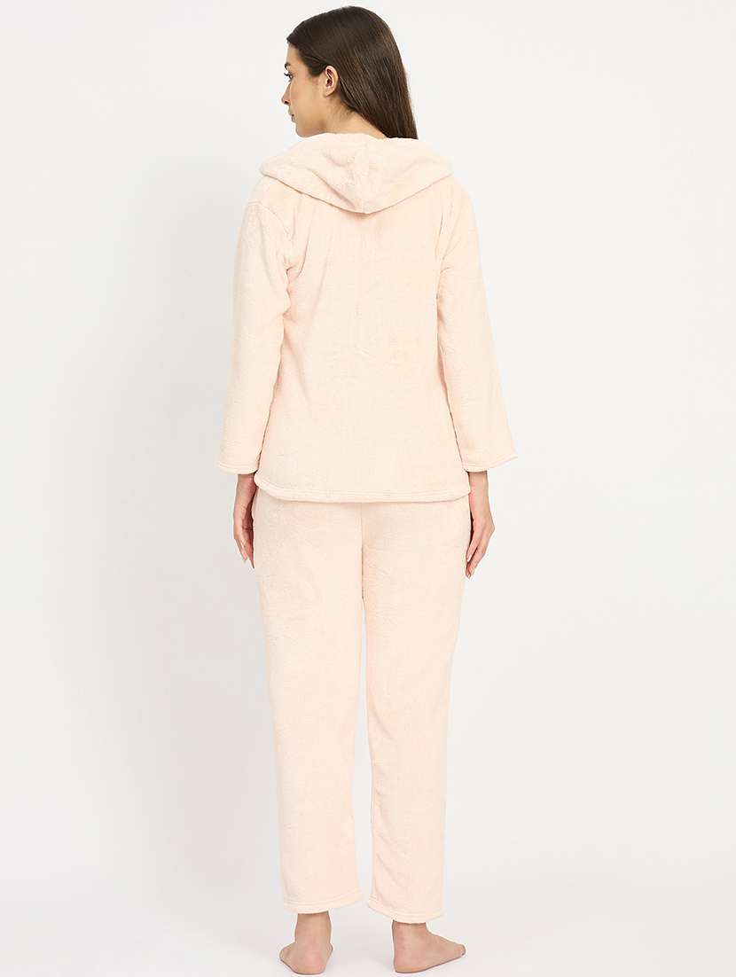 women solid hooded velvet nightwear pyjama set - 22088959 -  Standard Image - 4