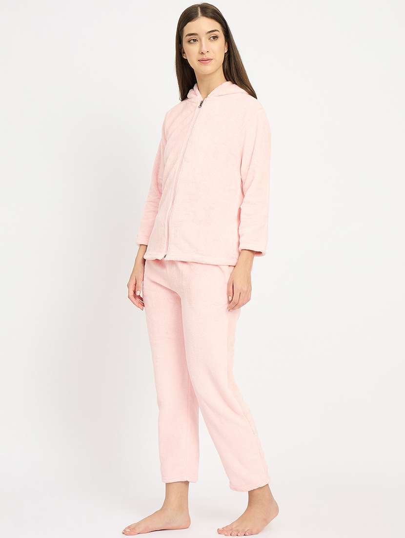 women solid hooded velvet nightwear pyjama set - 22088960 -  Standard Image - 1