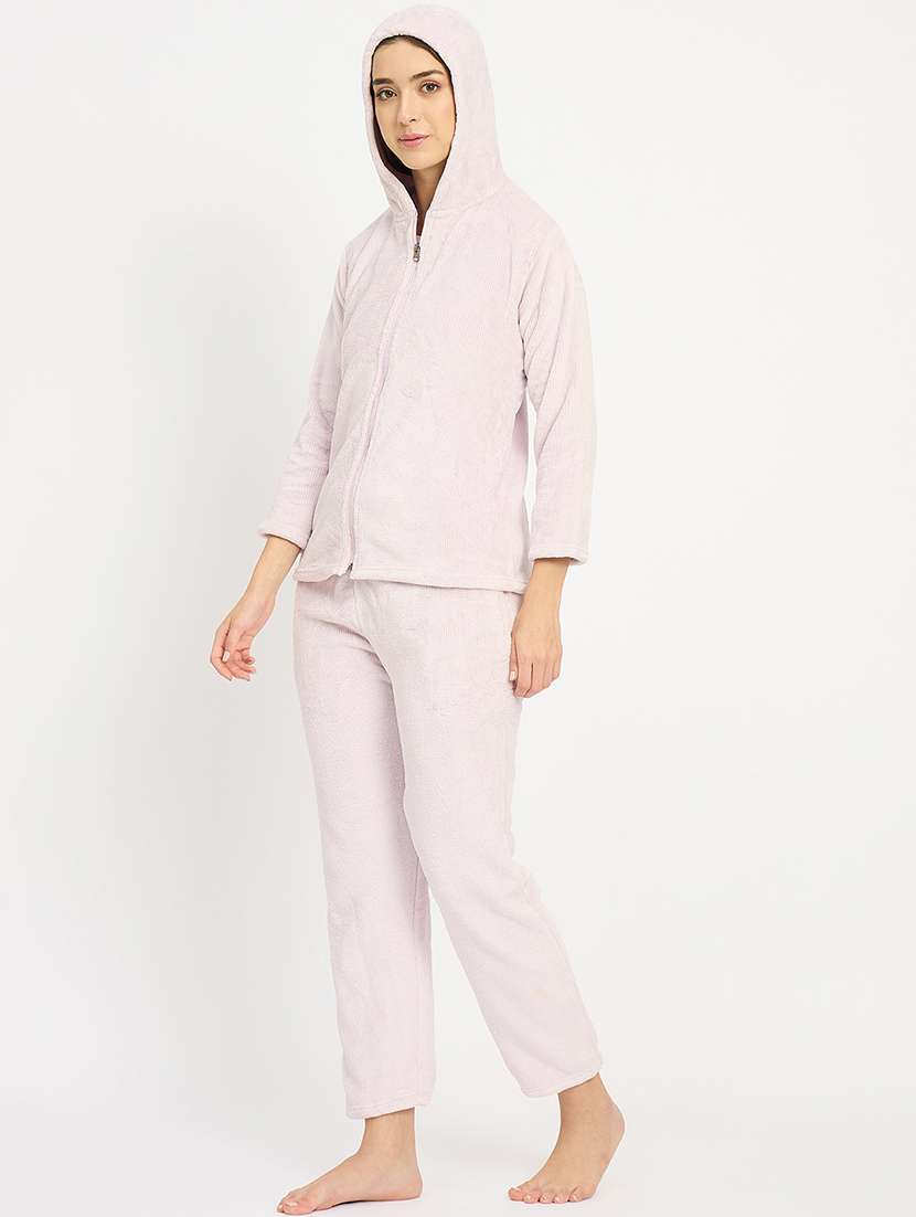 women solid hooded velvet nightwear pyjama set - 22088961 -  Standard Image - 1
