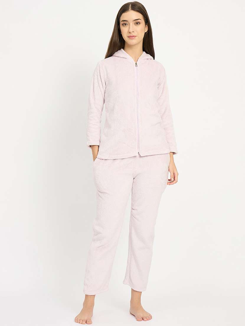 women solid hooded velvet nightwear pyjama set - 22088961 -  Standard Image - 4
