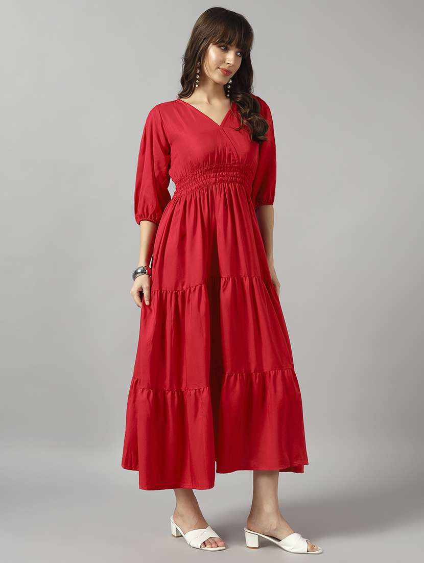 women solid puff sleeve tiered dress