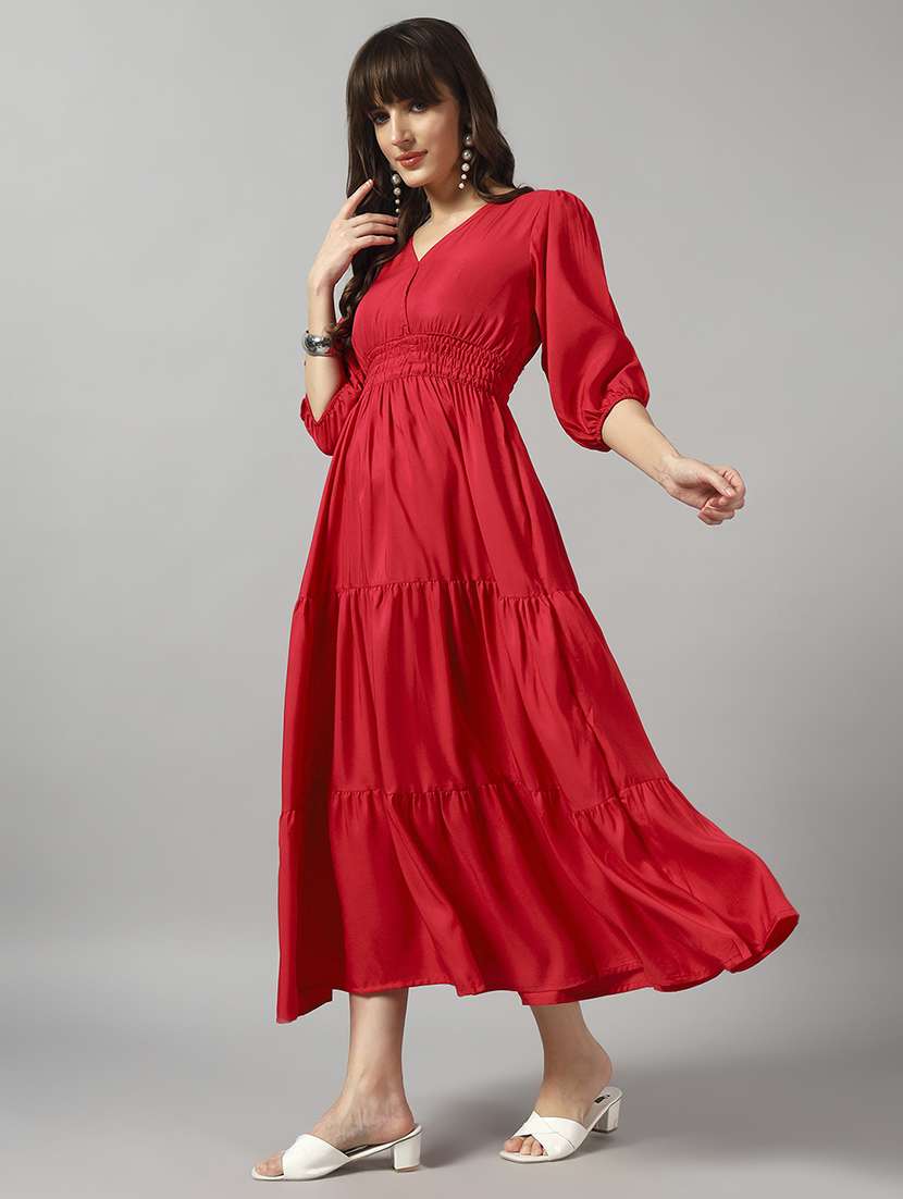women solid puff sleeve tiered dress - 22089241 -  Standard Image - 1
