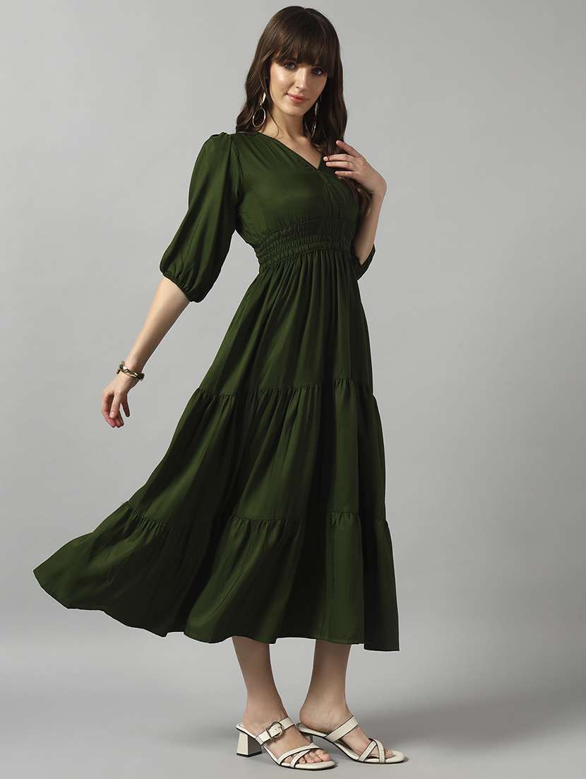 women solid puff sleeve tiered dress - 22089245 - Standard Image - 1