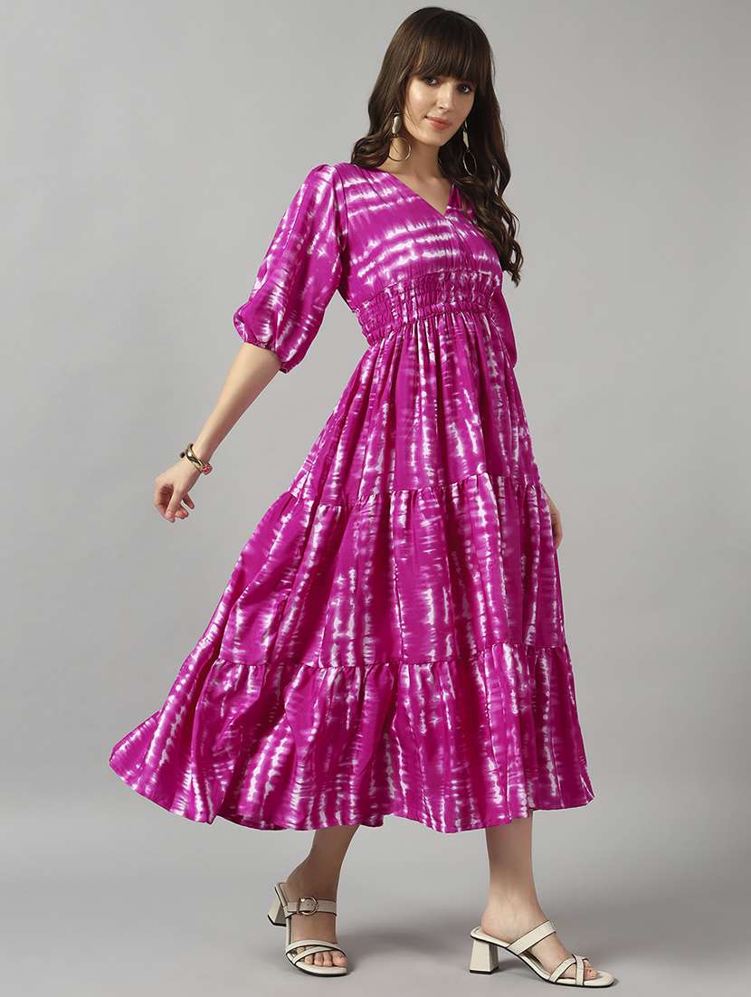 women tie & dye printed puff sleeve tiered dress - 22089250 -  Standard Image - 1
