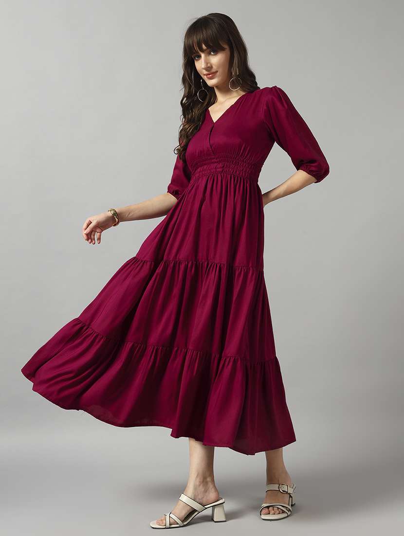 women solid puff sleeve tiered dress - 22089251 - Standard Image - 1