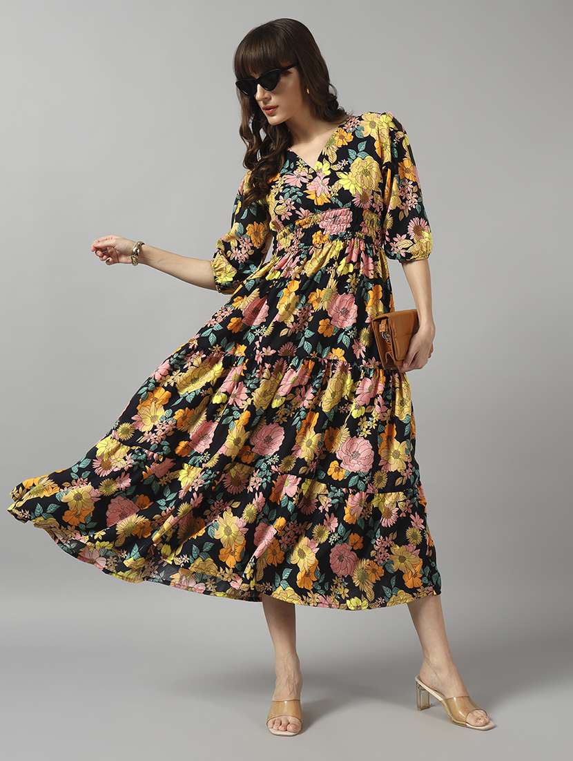 women floral print three quarter sleeve tiered dress