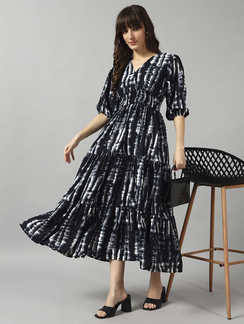 women tie & dye printed puff sleeve maxi tiered dress