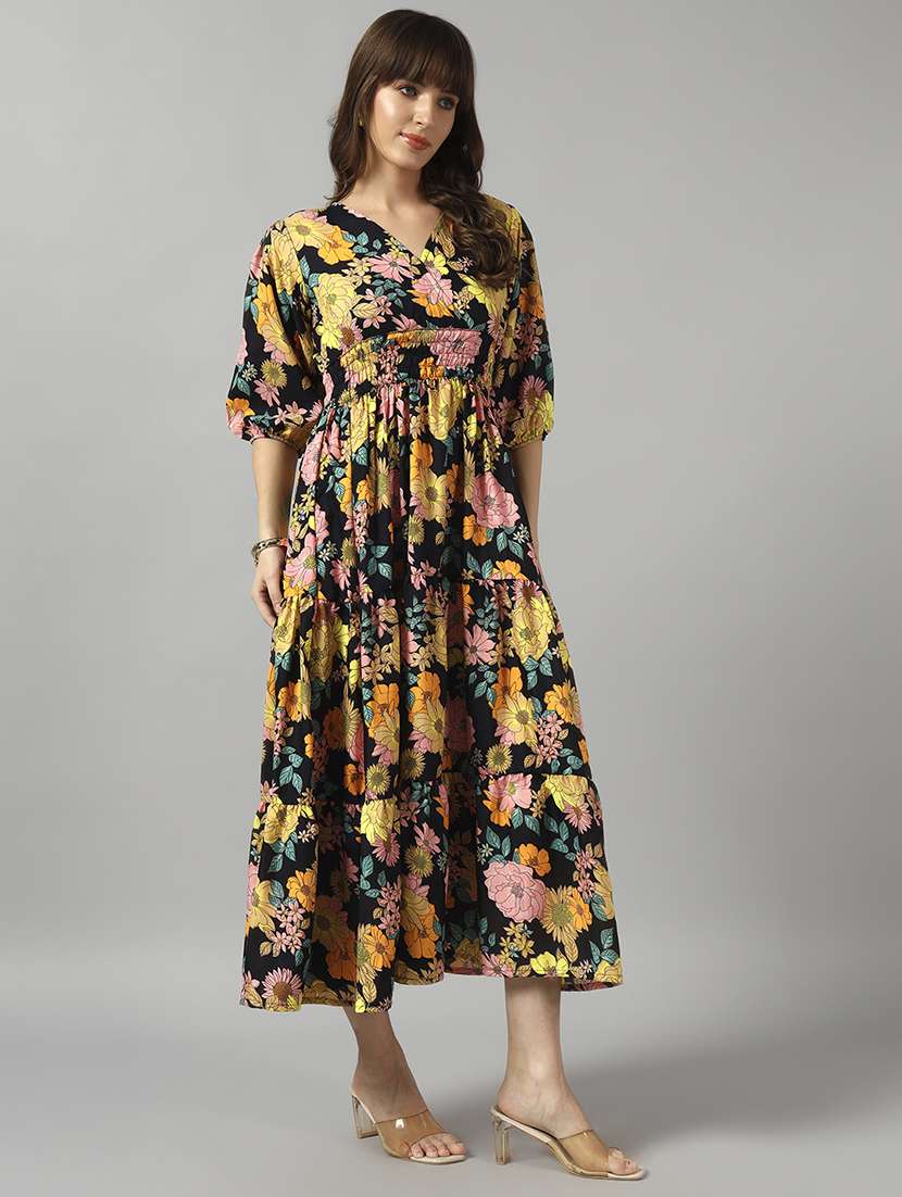 women floral print three quarter sleeve tiered dress - 22089269 -  Standard Image - 1