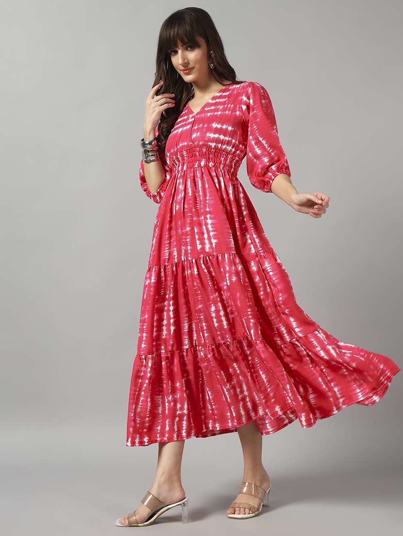 women tie & dye printed puff sleeve tiered dress - 22089283 - Standard Image - 1