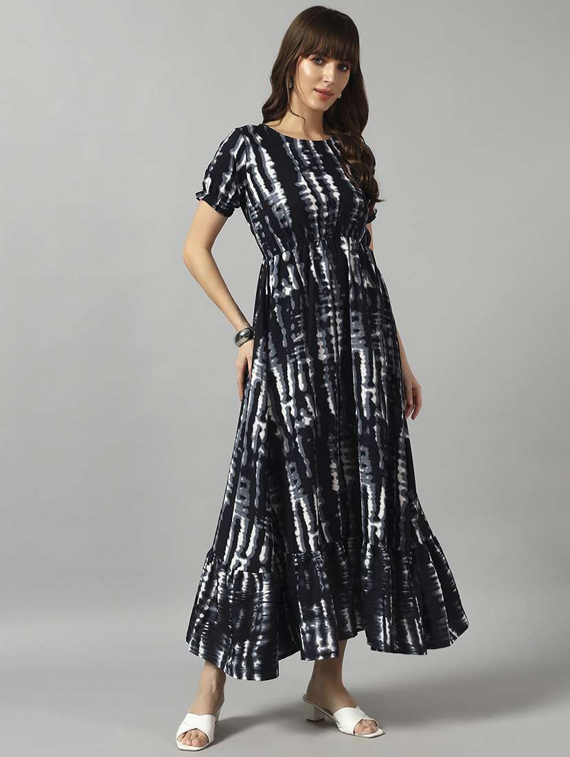 women tie & dye printed puff sleeve tiered dress - 22089303 - Standard Image - 1