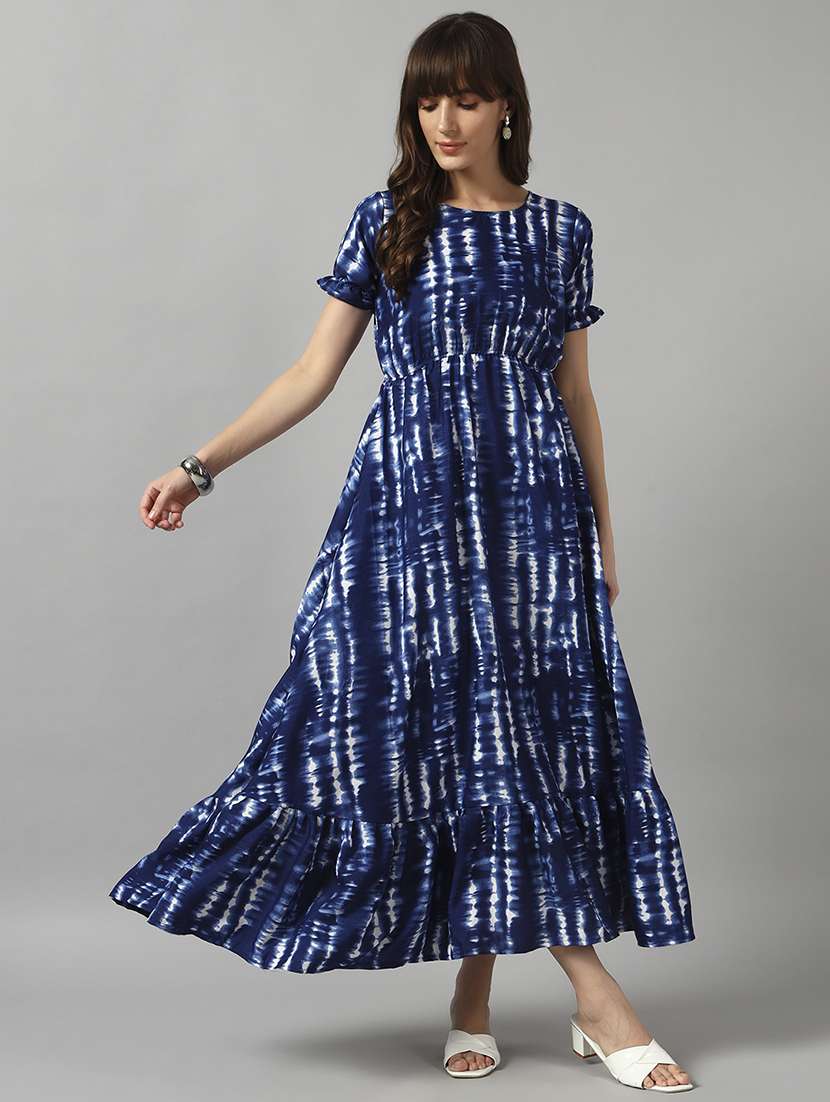 women tie & dye printed puff sleeve tiered dress
