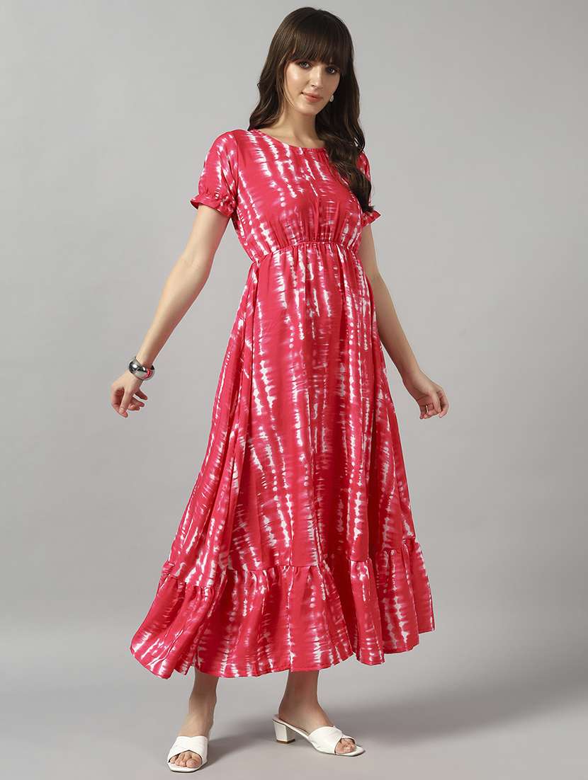 women tie & dye printed puff sleeve tiered dress - 22089313 - Standard Image - 1