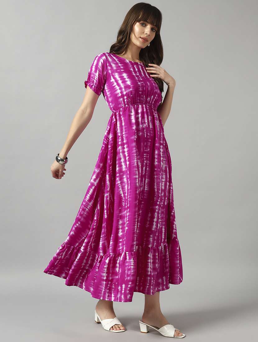 women tie & dye printed puff sleeve tiered dress