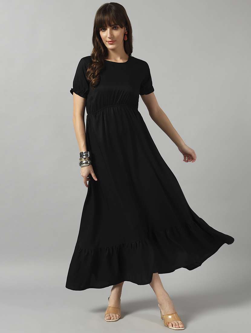 women solid puff sleeve tiered dress