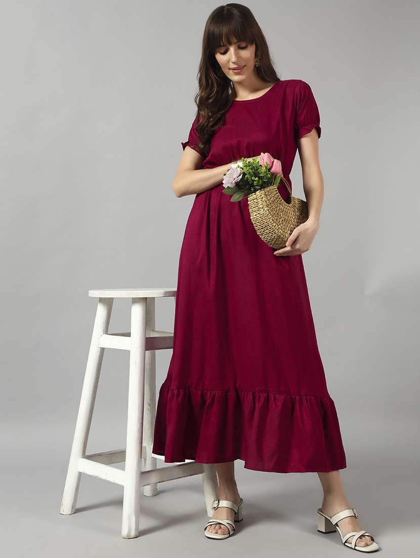women solid puff sleeve tiered dress