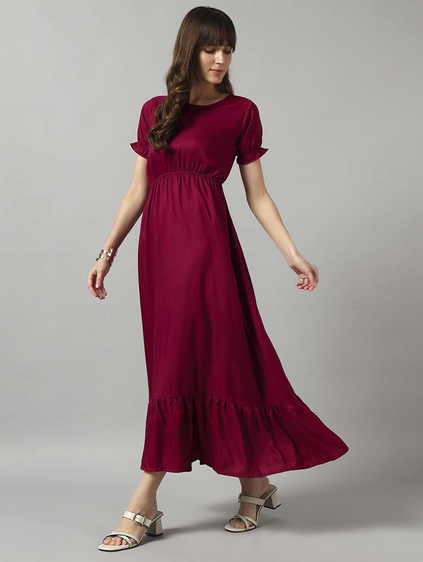 women solid puff sleeve tiered dress - 22089317 - Standard Image - 1