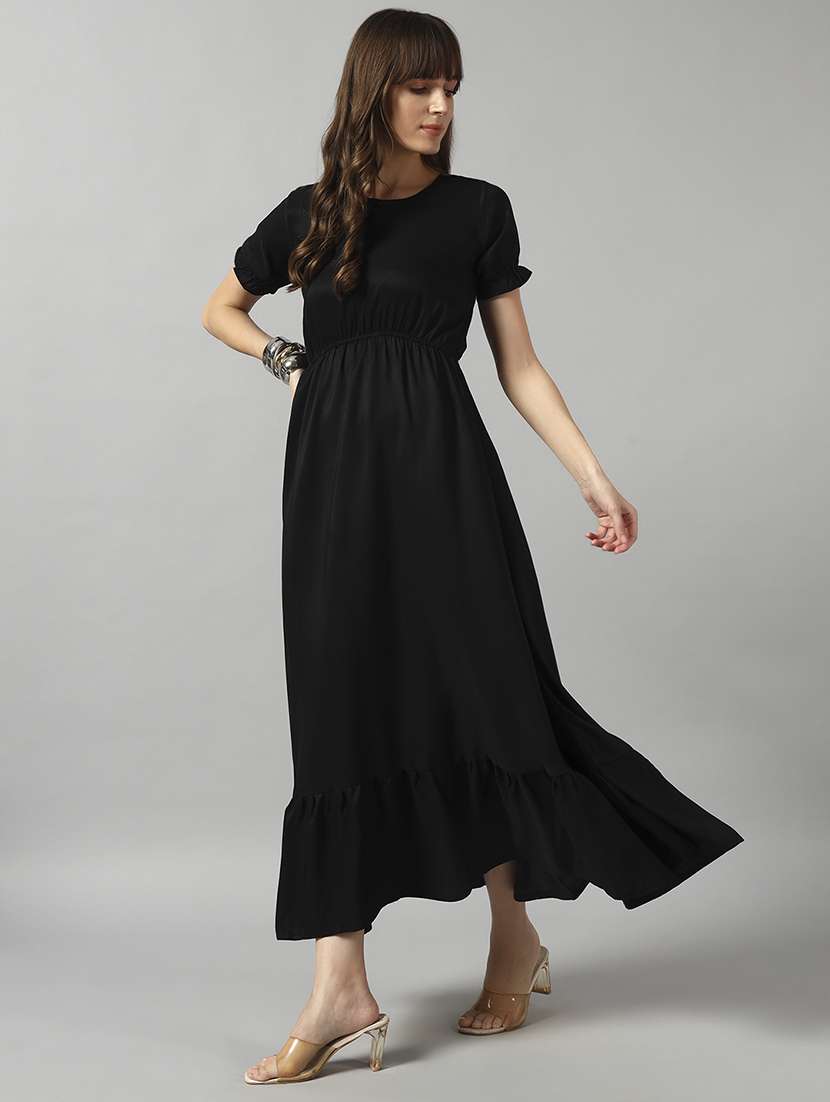 women solid puff sleeve tiered dress