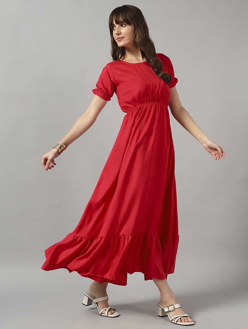 women solid puff sleeve tiered dress
